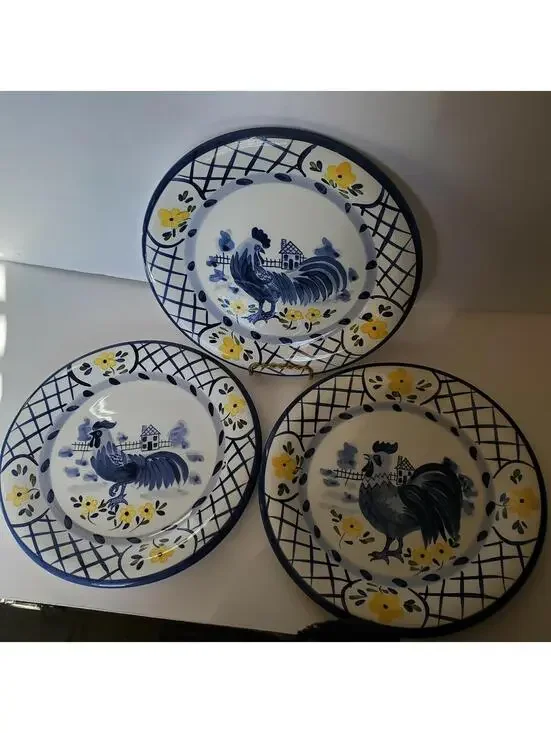 Rooster Dinner Plates Blue White Yellow Flower Spring 10 1/4" Bella Casa By Ganz - Picture 7 of 10